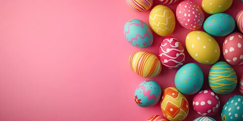 Vibrant Easter eggs in various colors arranged on the right against a soft pink backdrop with ample copy space on the left for text inclusion