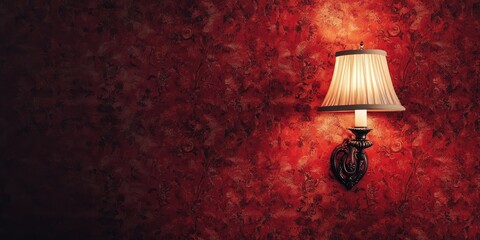 Elegant wall lamp sconce illuminated against rich red textured wallpaper with intricate patterns on the left and spacious copy area on the right