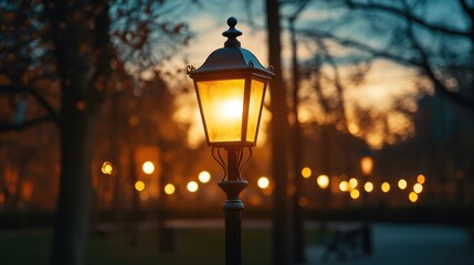 Vintage street lamp glowing in park during sunset with blurred background of warm lights creating a serene evening atmosphere