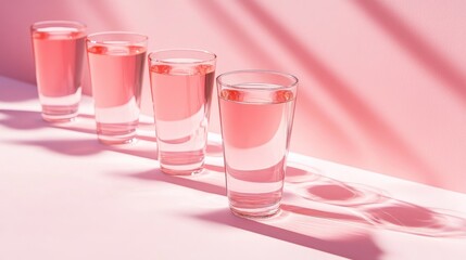 Clear Glasses of Pink Beverage with Soft Shadows on Light Pink Background