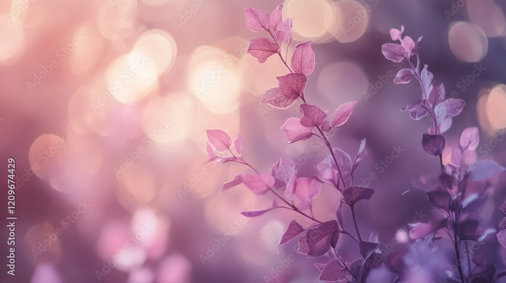 Poster pastel pink and violet soft bokeh background with delicate leaves and dreamy light effects