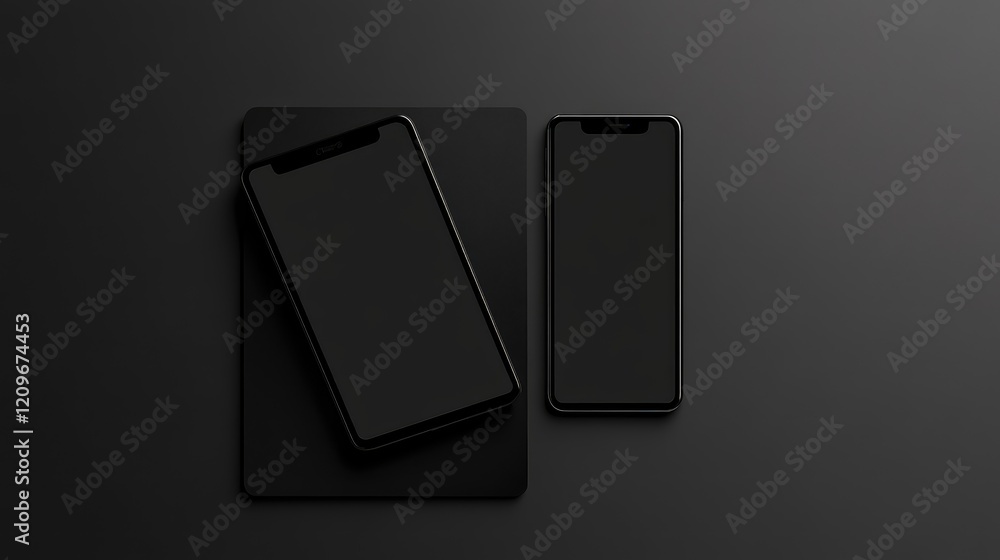 Aufkleber Black Mockup Tablet and Smartphone on Dark Gray Minimalist Background with Top-Down Angle Ideal for Technology Presentations and Web Design