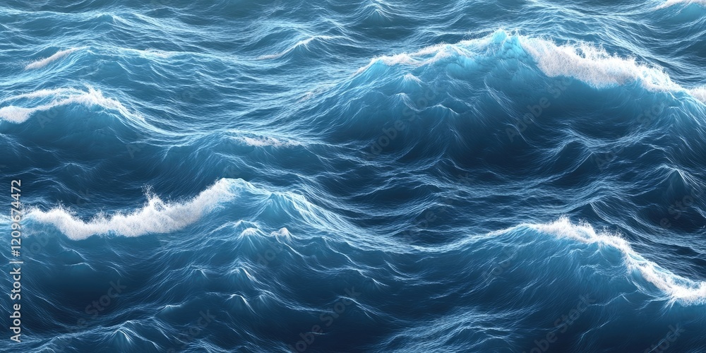 Poster textured ocean waves in vibrant shades of blue with white frothy crests, creating a dynamic fluid ba