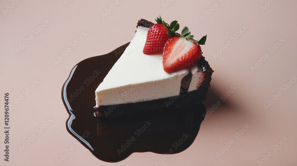 Aufkleber decadent cheesecake slice topped with fresh strawberries and whipped cream drizzled with rich chocol