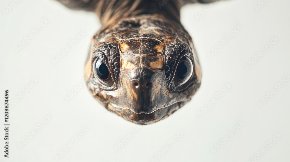 Poster upside down portrait of a tortoise on a blank white background showcasing unique features and textur