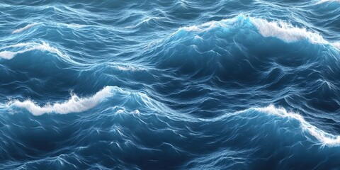 Textured ocean waves in vibrant shades of blue with white frothy crests, creating a dynamic fluid background for various design applications.
