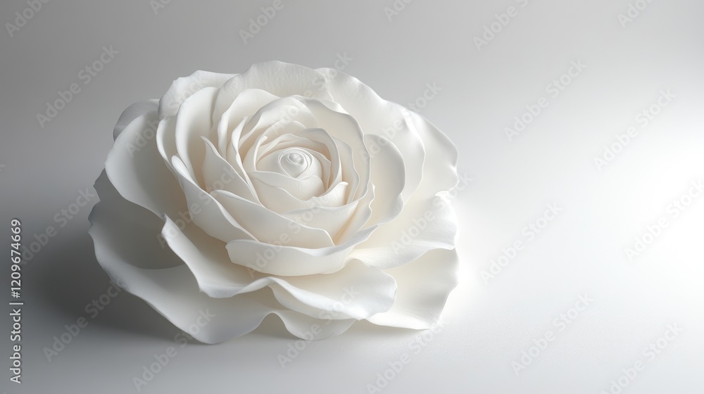 Poster elegant single white rose delicately placed on a soft white background symbolizing purity and tranqu