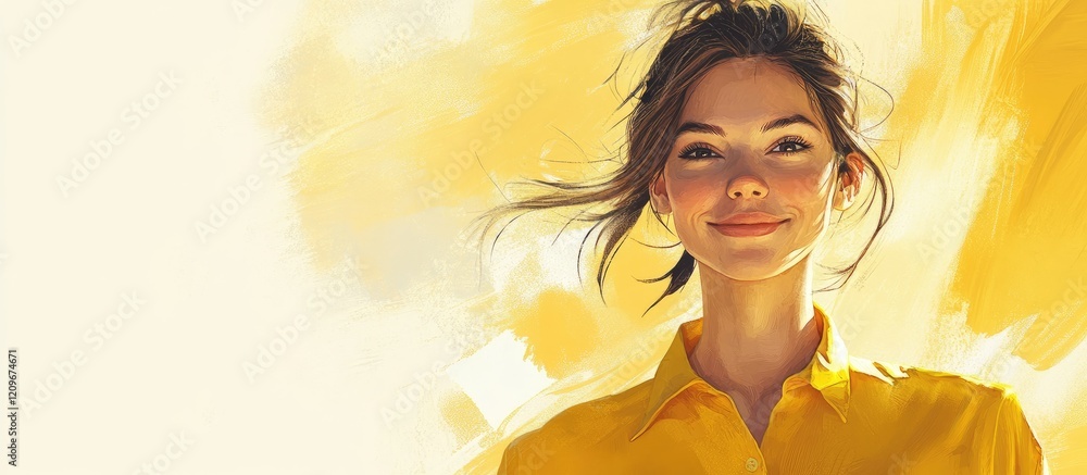 Poster joyful woman in vibrant yellow shirt against soft yellow background with ample negative space for te