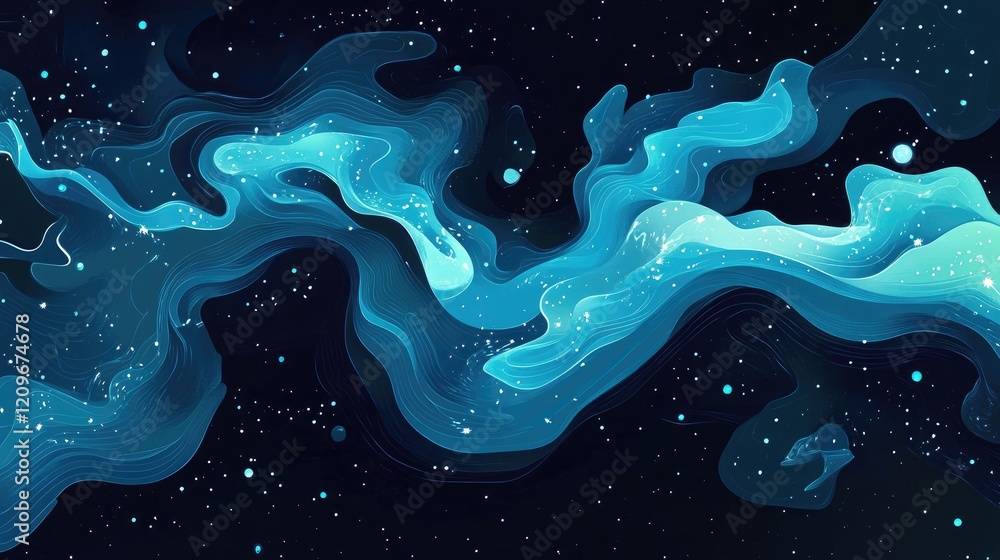 Poster abstract fluid stream merging with celestial elements and map in a dark cosmic background