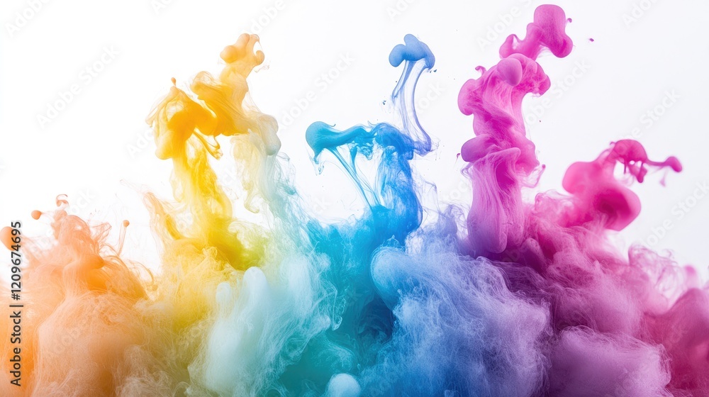 Poster colorful ink drops creating abstract patterns on white background