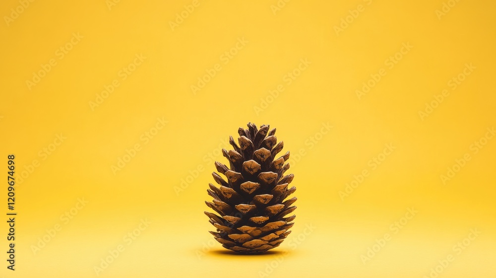 Poster pinecone against vibrant yellow background showcasing natural textures and colors in minimalist styl
