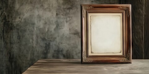 Vintage photo frame positioned center-left on a rustic wooden table against a textured gray background with ample copy space for message.