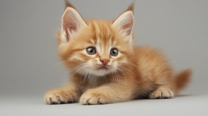 Siberian lynx kitten with soft fur and striking blue eyes exploring a neutral background in a playful pose