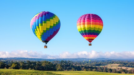 Fototapeta premium Colorful hot air balloons fly over rural landscape