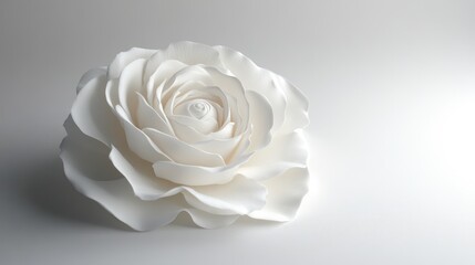 Elegant single white rose delicately placed on a soft white background symbolizing purity and tranquility in a serene composition