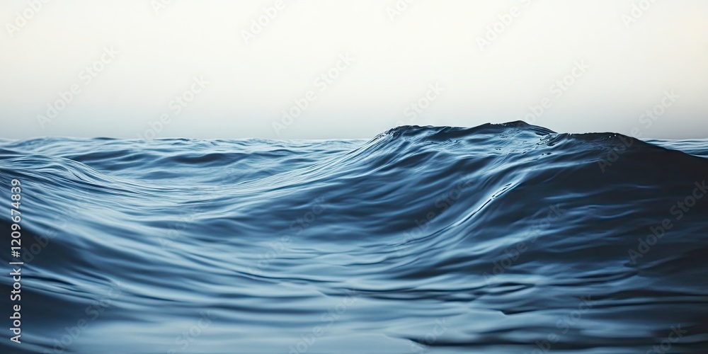 Poster dynamic ocean waves in deep blue hues with soft gradient sky above create a serene coastal atmospher