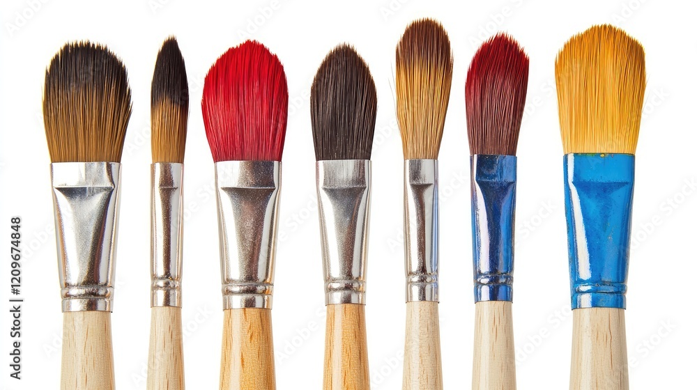 Poster Assorted paintbrushes with varying bristle shapes and colors arranged in a row on a white background for art and design concepts.