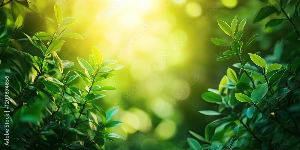 Poster lush green foliage background with blurred leaves and warm sunlight creating a soft golden glow in t