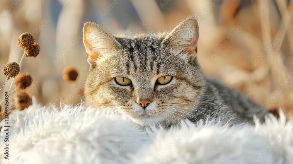 Poster close-up of a relaxed stray cat resting on a soft white blanket in a serene natural setting showcasi