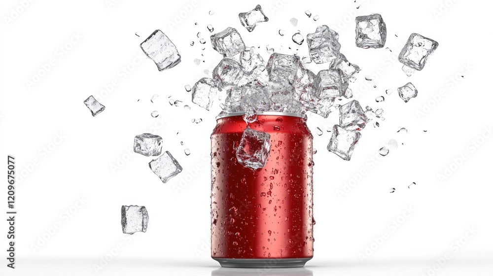Aufkleber Refreshing soda can with ice cubes splashing around on a clean white background showcasing a cool beverage concept