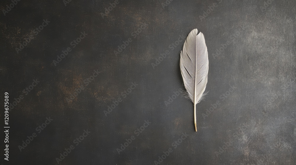 Poster Elegant single white feather on textured dark background showcasing simplicity and contrast in composition.