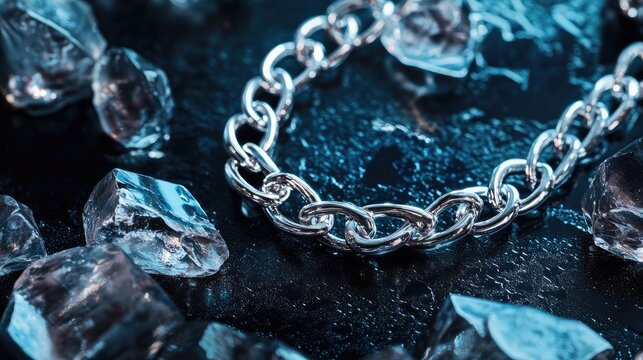 Elegant silver necklace resting on dark textured surface surrounded by sparkling crystal shards. Ideal for jewelry and fashion themed visuals.