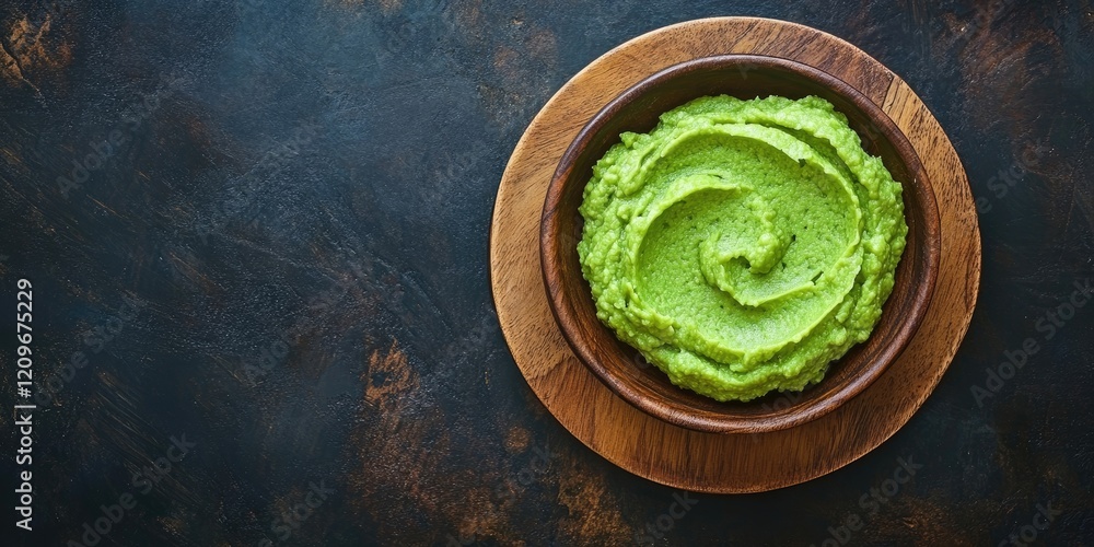 Poster top view of smooth vibrant green wasabi paste in a circular wooden bowl on a dark textured backgroun