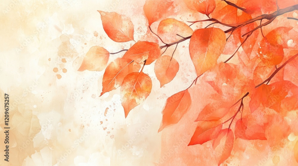 Poster autumn branch with orange leaves on soft textured background in warm earthy tones