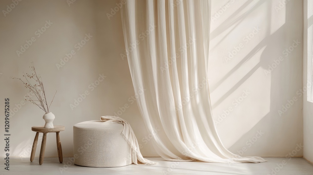 Poster soft cream fabric elegantly draped in a minimalist interior setting with natural light enhancing the