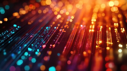 Colorful Abstract Representation of Semiconductor Fabrication Lines with Glowing Lights in Shades of Blue, Orange, and Red, Close-Up Perspective