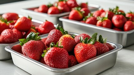 Strawberries arranged in stainless steel trays showcasing fresh ingredients for gelato shop design and culinary presentation.