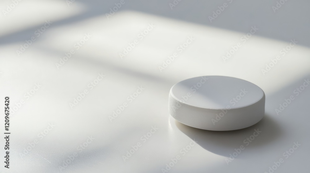 Poster Minimalist composition of a single white puck on a clean, empty white surface with soft shadows and natural light reflections.
