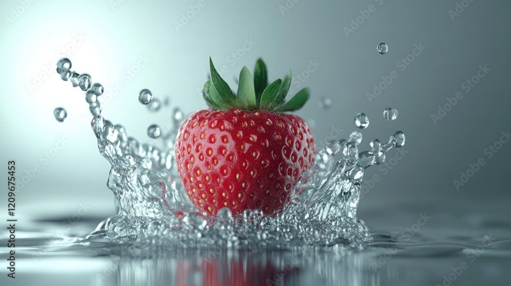 Poster fresh strawberry splashing in crystal-clear water against a soft light backdrop creating a vibrant a