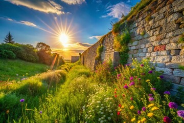 Drone View: Overgrown Masonry Wall, Lush Green Grass, Summer Texture