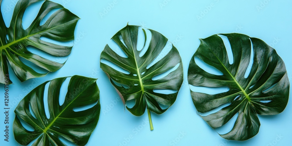 Poster tropical monstera leaves positioned in a flat lay style on a soft blue background with ample negativ