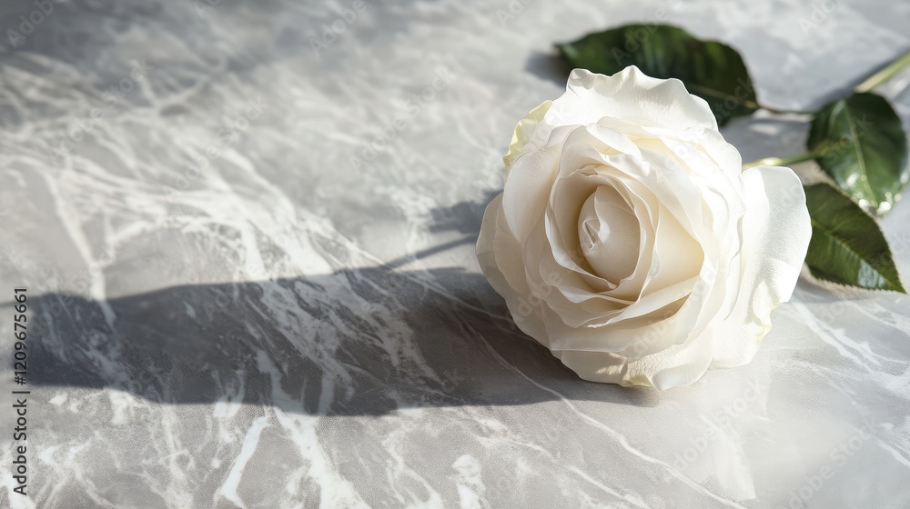 Aufkleber Elegant white rose resting on polished marble surface with gentle shadows creating a serene and sophisticated ambiance.