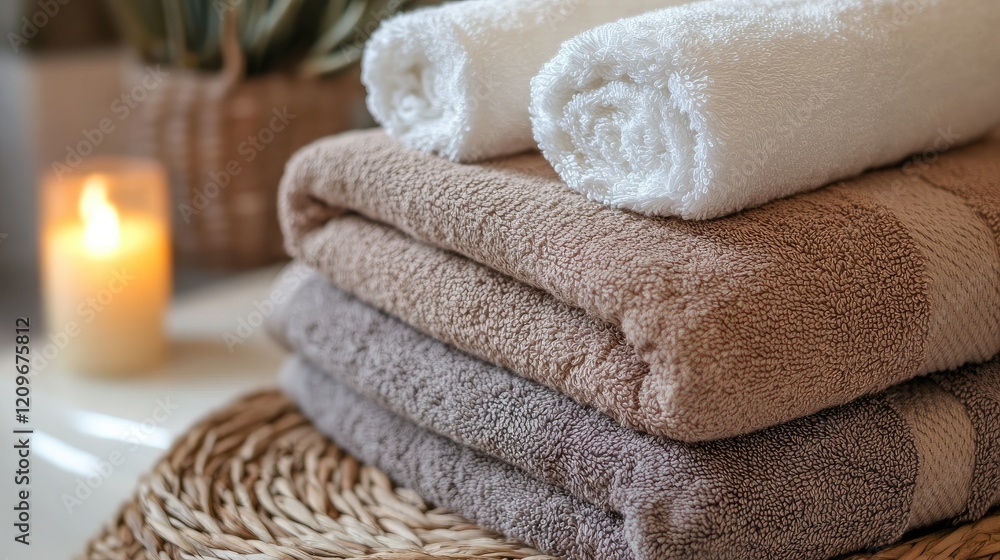 Aufkleber cozy and comfortable stacked towels with a candle in a serene bathroom setting inviting a relaxing a