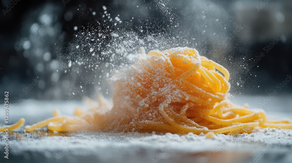 Poster homemade fresh spaghetti piled on a flour-dusted surface with a light sprinkle of flour creating a d