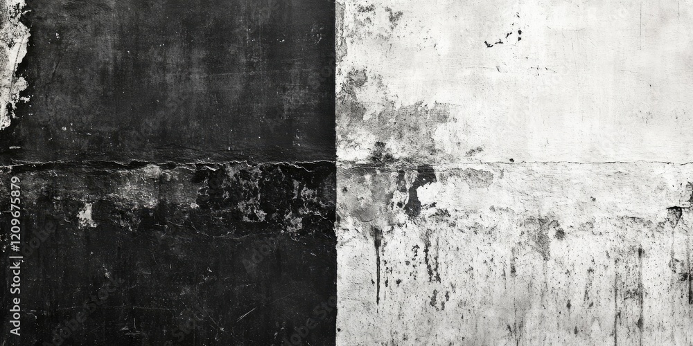 Poster textured black and white wall with contrasting sections, featuring weathered and peeling paint patte