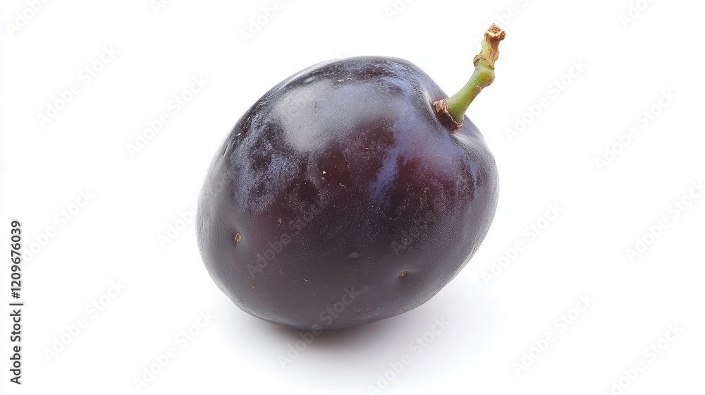 Aufkleber Single dark plum with a stem on a white background showcasing its rich color and smooth texture suitable for culinary and health themes.