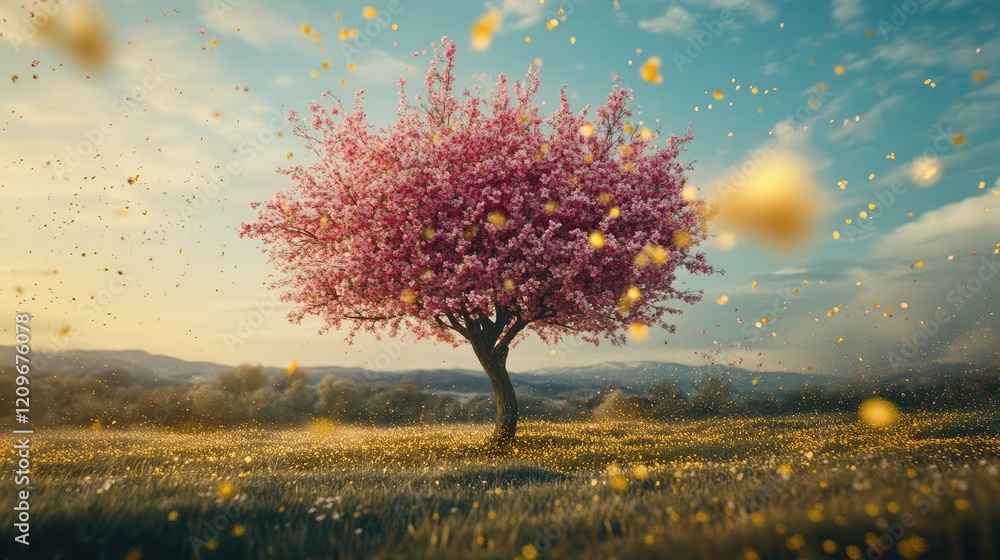 Poster blossoming cherry tree in spring surrounded by floating yellow pollen and vibrant flowers under a bl