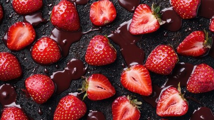 Strawberries Drizzled with Rich Chocolate on a Dark Background for Desserts and Culinary Creations