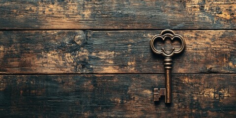Vintage brass key positioned on the left side of a dark rustic wooden background with rich brown tones creating a warm security concept vibe.