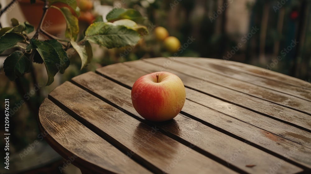 Poster fresh red apple resting on rustic wooden table surrounded by greenery in a serene garden setting ide