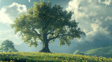 Majestic old linden tree standing alone in a vibrant meadow under a dramatic sky with rolling hills and lush greenery in the background