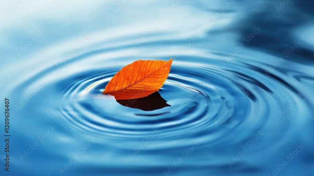 Aufkleber Orange leaf gently floating on serene water surface creating a sense of tranquility and reflection in nature's peaceful setting