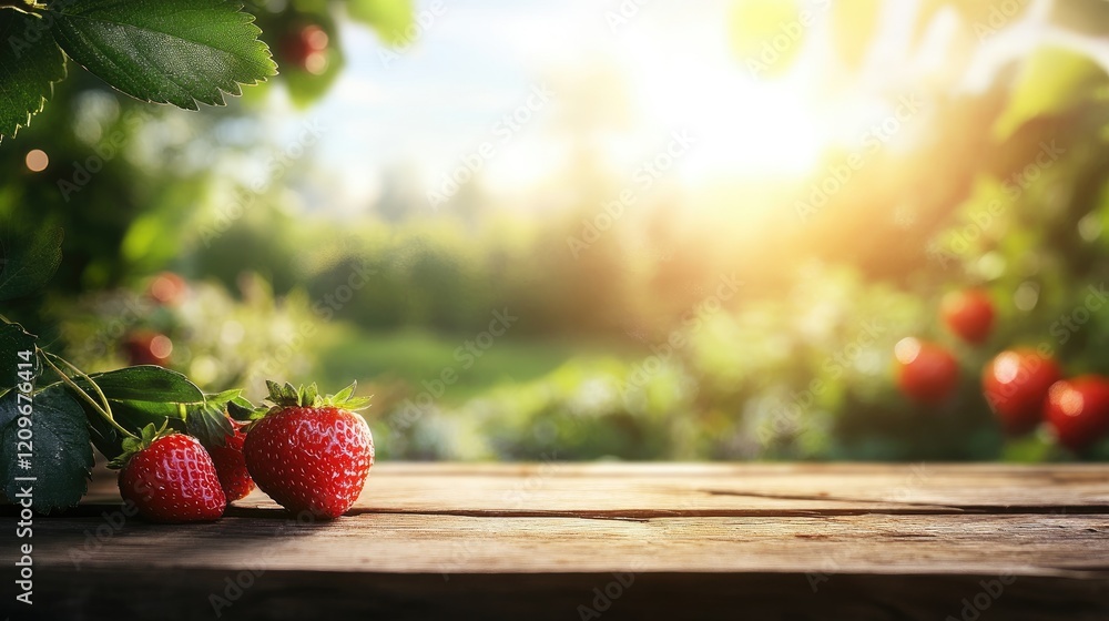 Poster fresh strawberries on rustic wooden table with vibrant bokeh background capturing a sunny spring lan