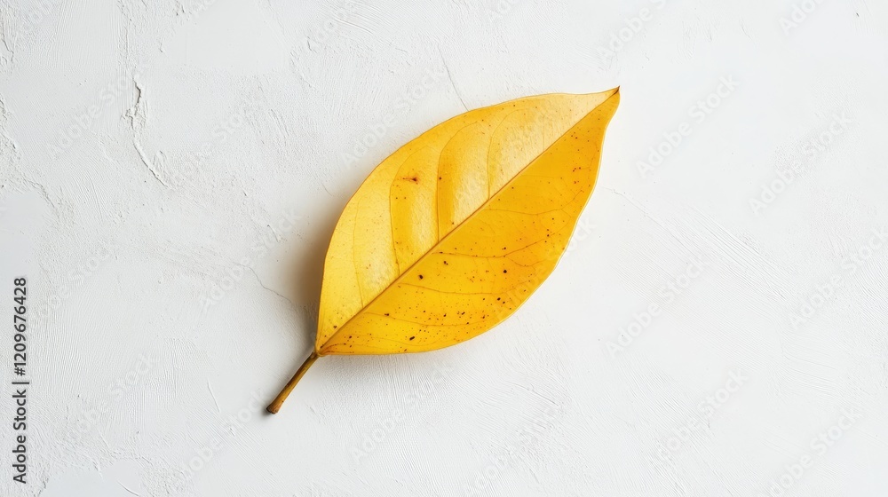 Aufkleber single vibrant yellow ficus elastica leaf on a smooth textured white backdrop showcasing natural bea