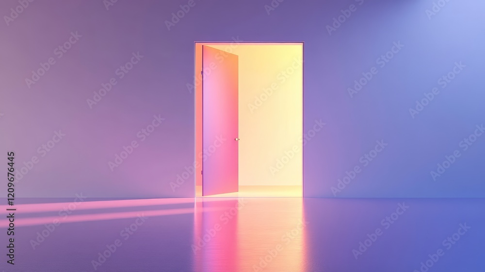 Poster modern minimalist interior design featuring an open door with a vibrant gradient background of purpl
