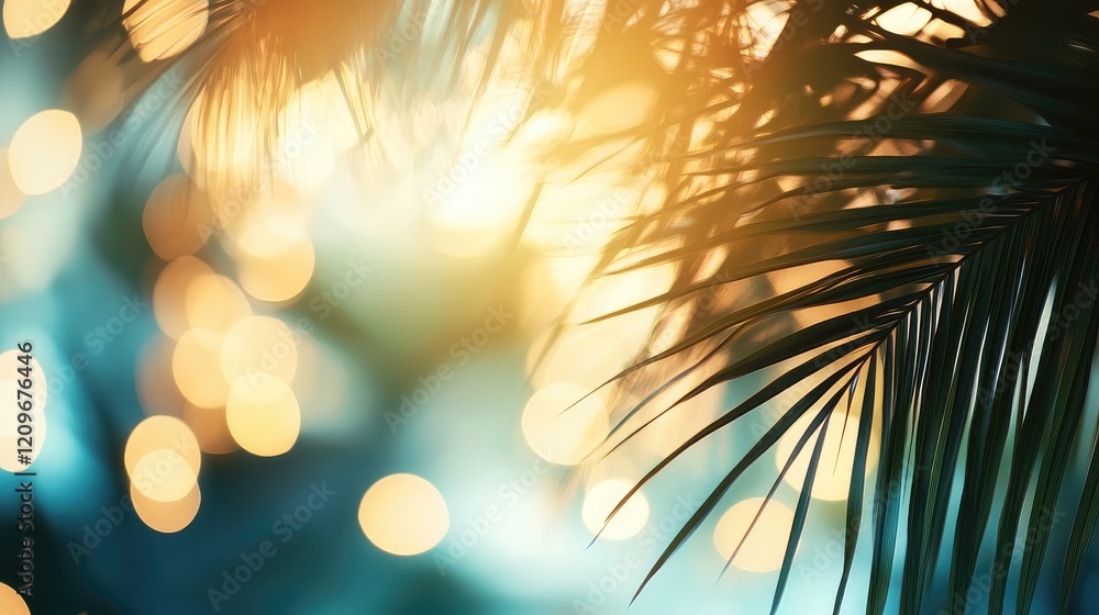 Leinwandbilder soft blurred tropical background with palm leaves and bokeh lights ideal for calm and dreamy visuals
